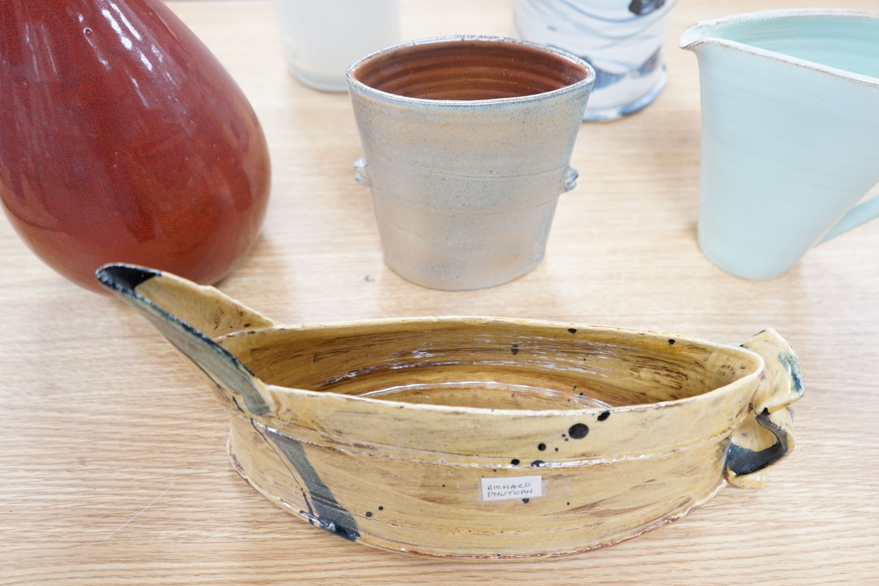 A group of six studio pottery vases and jugs to include- 48cm